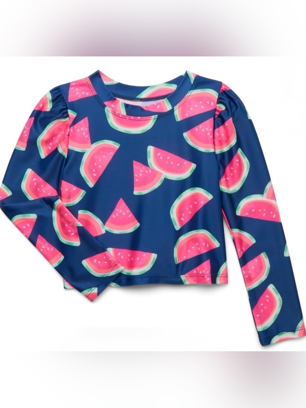 Wonder Nation Navy Long-Sleeve Swim Rashguard with Pink Watermelon Print
